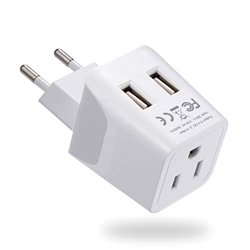 Ceptics Europe Travel Adapter, Ultra Compact Dual USB Power Plug - for European Type C - 3 Inputs - iPhone, Laptop, Galaxy, Cell Phones, Camera Chargers, iWatch & More - CTU-9C