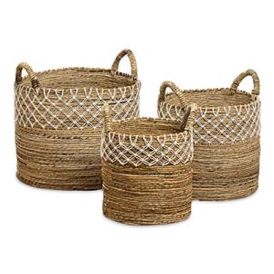 boho romantic lace baskets, set of 3, cotton macrame details, relaxed coastal style, woven chunky banana leaf, thick handles,17.75, 15, and 11.75 d inches