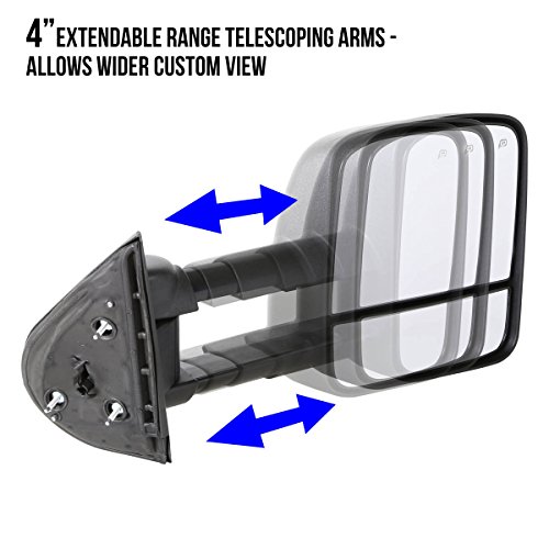 Pair of Chrome Power Heated Telescoping Side Towing Mirrors Compatible with Chevy/GMC Silverado Sierra GMT800 99-02