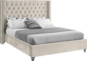 meridian furniture aiden collection modern | contemporary velvet upholstered bed with deep button tufting, solid wood frame, and custom chrome legs, full, cream