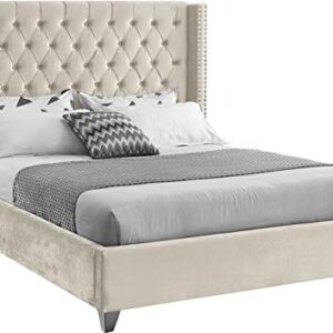 Meridian Furniture Aiden Collection Modern | Contemporary Velvet Upholstered Bed with Deep Button Tufting, Solid Wood Frame, and Custom Chrome Legs, Full, Cream