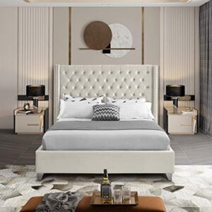 Meridian Furniture Aiden Collection Modern | Contemporary Velvet Upholstered Bed with Deep Button Tufting, Solid Wood Frame, and Custom Chrome Legs, Full, Cream