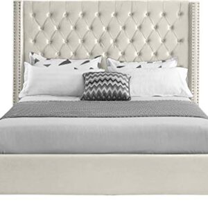 Meridian Furniture Aiden Collection Modern | Contemporary Velvet Upholstered Bed with Deep Button Tufting, Solid Wood Frame, and Custom Chrome Legs, Full, Cream