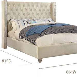 Meridian Furniture Aiden Collection Modern | Contemporary Velvet Upholstered Bed with Deep Button Tufting, Solid Wood Frame, and Custom Chrome Legs, Full, Cream