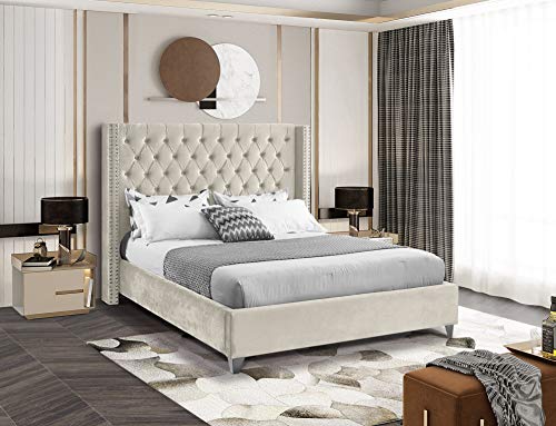 Meridian Furniture Aiden Collection Modern | Contemporary Velvet Upholstered Bed with Deep Button Tufting, Solid Wood Frame, and Custom Chrome Legs, Full, Cream