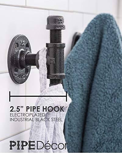 PIPE DECOR Robe and Towel Single Hook Kit Heavy Duty DIY Style, Rustic and Chic Industrial Iron Pipe with Electroplated Black Finish, Wall Mounted, Mounting Hardware Included, Oil + Rust Free (3)