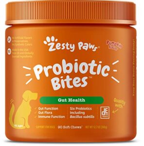 zesty paws probiotics for dogs - digestive enzymes for gut flora, digestive health, diarrhea & bowel support - clinically studied de111 - dog supplement soft chew for pet immune system - pumpkin