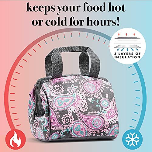 Fit and Fresh Charlotte Insulated Lunch Bag for Women, 9" x 6" x 8", Pink Aqua Paisley