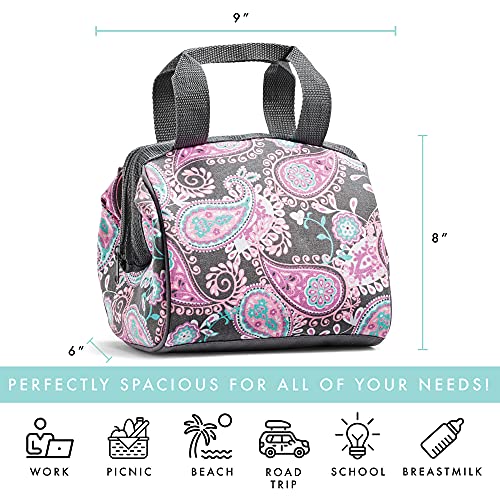 Fit and Fresh Charlotte Insulated Lunch Bag for Women, 9" x 6" x 8", Pink Aqua Paisley