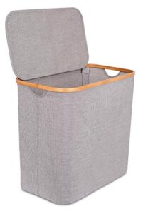 birdrock home bamboo & canvas hamper - single laundry basket with lid - modern foldable hamper - cut out handles - grey narrow design - great for kids adults