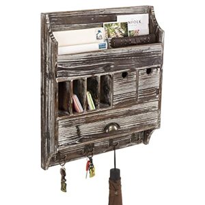 mygift torched wood entryway wall organizer with mail holder organizer, accessories storage compartments, pull out drawers and dual key hooks