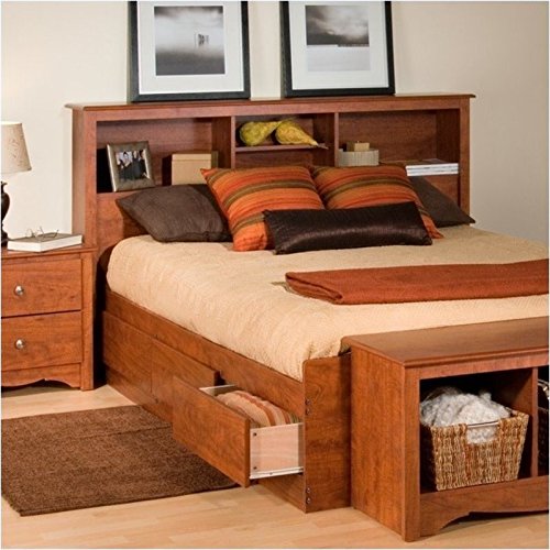 BOWERY HILL Country Style Freestanding Full/Queen Wood Bookcase Bed Headboard and Cabinet Storage in Cherry