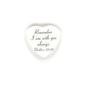 lifeforce glass scripture heart with pouch, remember i am with you always. matthew 28:20 (white)