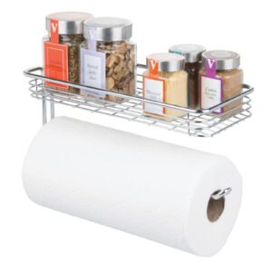 mdesign paper towel holder with spice rack and multi-purpose shelf - wall mount storage organizer for kitchen, pantry, laundry, garage - durable metal wire design - chrome