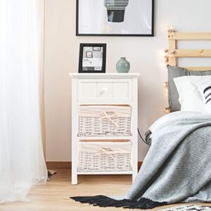 Giantex Nightstand with Drawers Wooden, W/ 2 Storage Baskets and Open Shelf for Bedroom, Bedside Sofa End Table (1, White)