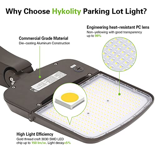 hykolity 150W/200W Switchable LED Parking Lot Light, 150LM/W LED Street Lighting with Dusk to Dawn Photocell [400W-600W HPS Equiv.] 5000K 100-277V, Commercial Adjustable Arm Mount LED Shoebox Light