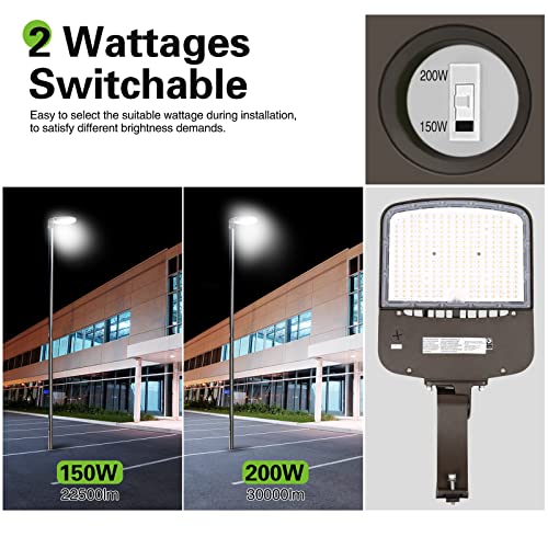 hykolity 150W/200W Switchable LED Parking Lot Light, 150LM/W LED Street Lighting with Dusk to Dawn Photocell [400W-600W HPS Equiv.] 5000K 100-277V, Commercial Adjustable Arm Mount LED Shoebox Light