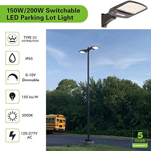 hykolity 150W/200W Switchable LED Parking Lot Light, 150LM/W LED Street Lighting with Dusk to Dawn Photocell [400W-600W HPS Equiv.] 5000K 100-277V, Commercial Adjustable Arm Mount LED Shoebox Light