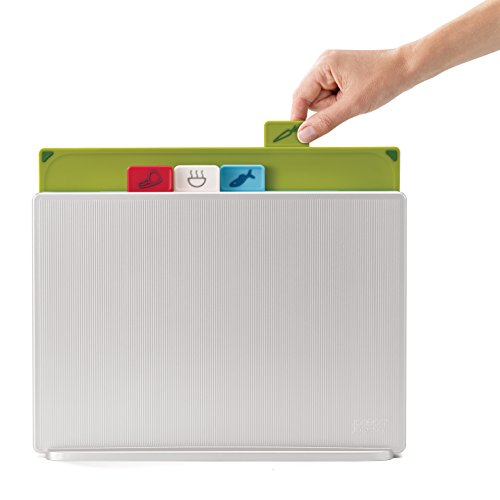 Joseph Joseph Index Plastic Cutting Board Set with Storage Case Color-Coded Dishwasher-Safe Non-Slip, Large, Silver (60134)