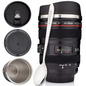 strata cups camera lens coffee mug -13.5oz, super bundle! (2 lids + spoon) stainless steel thermos, sealed & retractable lids! photographer camera mug, travel coffee cup, coffee mugs for men, women