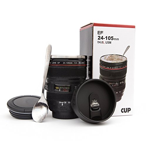 STRATA CUPS Camera Lens Coffee Mug -13.5oz, SUPER BUNDLE! (2 LIDS + SPOON) Stainless Steel Thermos, Sealed & Retractable Lids! Photographer Camera Mug, Travel Coffee Cup, Coffee Mugs for Men, Women