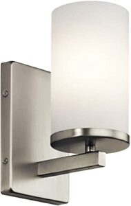 kichler crosby 9.25" wall sconce in brushed nickel, 1-light contemporary hallway or bathroom light with satin etched cased opal glass, (9.25" h x 4.5" w), 45495ni