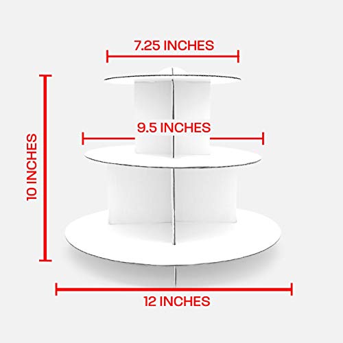 3-Tier White Round (12"W x 10"H) Cardboard Cupcake Stand Dessert Tower Treat Stacker Pastry Serving Platter Food Display