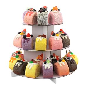 3-Tier White Round (12"W x 10"H) Cardboard Cupcake Stand Dessert Tower Treat Stacker Pastry Serving Platter Food Display