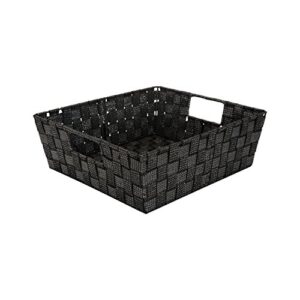 simplify large metallic striped woven storage shelf bin in black/silver