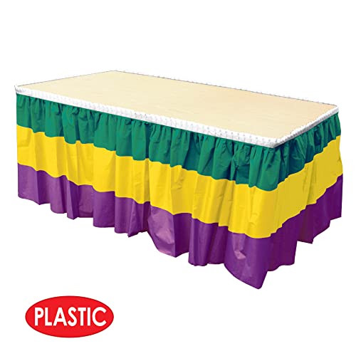 Beistle Plastic Mardi Gras Table Skirt Fat Tuesday Party Supplies, 29" x 14', Green/Yellow/Purple