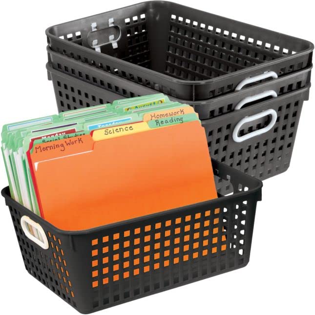 Really Good Stuff Large Plastic Book Baskets, 13¼" by 10" by 5½" - 4 Pack, Black | Classroom Library Organizer, Toy Storage, Multi-Purpose Organizer Basket