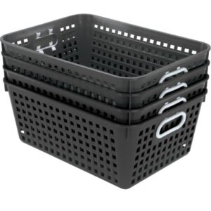 Really Good Stuff Large Plastic Book Baskets, 13¼" by 10" by 5½" - 4 Pack, Black | Classroom Library Organizer, Toy Storage, Multi-Purpose Organizer Basket