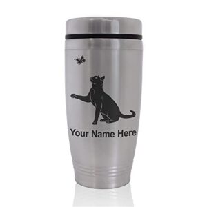 skunkwerkz commuter travel mug, cat with butterfly, personalized engraving included