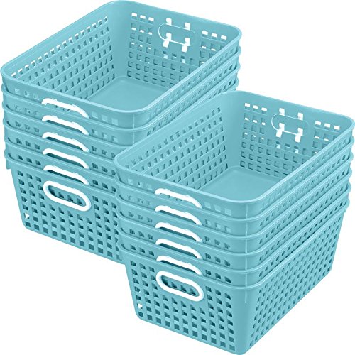 Really Good Stuff 160016WA Multi-Purpose Plastic Storage Baskets for Classroom or Home Use - Stackable Mesh Plastic Baskets with Grip Handles 13" x 10" (Water - Set of 12)