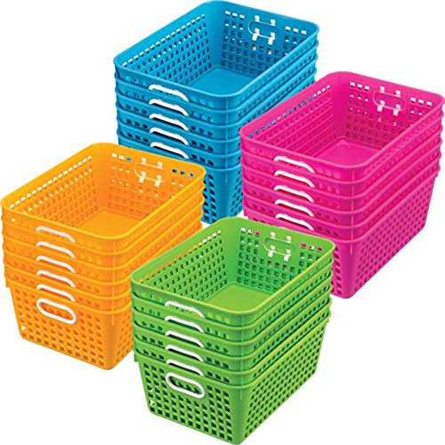 Really Good Stuff 160016WA Multi-Purpose Plastic Storage Baskets for Classroom or Home Use - Stackable Mesh Plastic Baskets with Grip Handles 13" x 10" (Water - Set of 12)