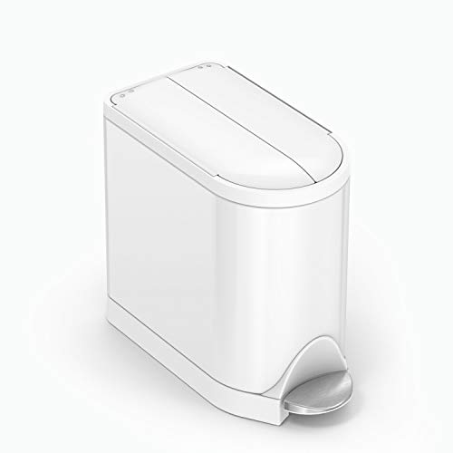 simplehuman 10 Liter / 2.6 Gallon Butterfly Lid Bathroom Step Trash Can, White Steel