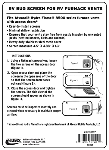 Valterra A10-1302VP Bug Screen for Outside RV Furnace Vent - Fits Atwood Hydroflame 8500 Series, 4.5 inches x 4.88 inches x 1.3 inches