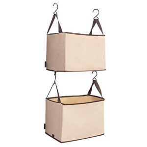 storage maniac 2-shelf hanging closet organizer, cloth hanging closet shelf, canvas hanging closet basket with hooks for dorm, apt, bedroom, college, garment rack, wardrobe, fabric