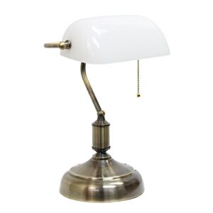 simple designs lt3216-wht executive banker's glass shade, desk lamp, antique nickel/white 10 x 8.66 x 14.75