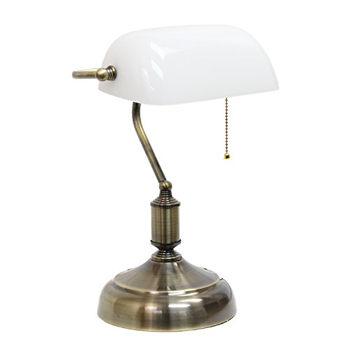 Simple Designs LT3216-WHT Executive Banker's Glass Shade, Desk Lamp, Antique Nickel/White 10 x 8.66 x 14.75