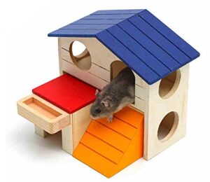 hamiledyi pet small animal hideout hamster house deluxe two layers wooden hut play toys chews