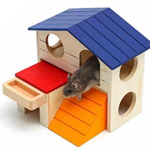 Hamiledyi Pet Small Animal Hideout Hamster House Deluxe Two Layers Wooden Hut Play Toys Chews