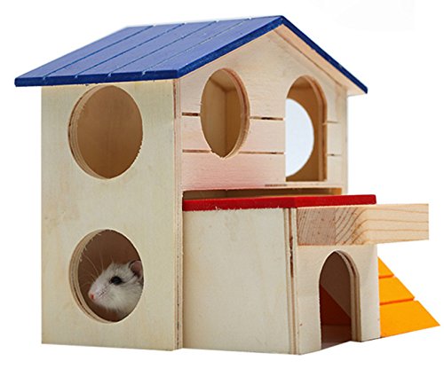 Hamiledyi Pet Small Animal Hideout Hamster House Deluxe Two Layers Wooden Hut Play Toys Chews