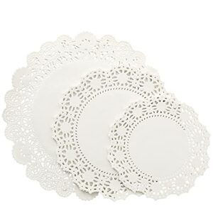 150-pack round paper placemats for tableware decoration, party, wedding, white lace paper doilies, bulk disposable charger plates for cakes, and desserts (6.5, 8.5, and 10.5 inch)