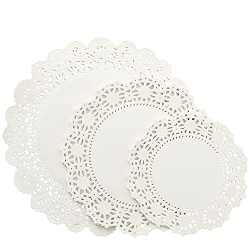 150-Pack Round Paper Placemats for Tableware Decoration, Party, Wedding, White Lace Paper Doilies, Bulk Disposable Charger Plates for Cakes, and Desserts (6.5, 8.5, and 10.5 Inch)