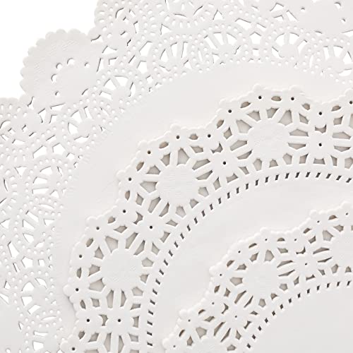 150-Pack Round Paper Placemats for Tableware Decoration, Party, Wedding, White Lace Paper Doilies, Bulk Disposable Charger Plates for Cakes, and Desserts (6.5, 8.5, and 10.5 Inch)