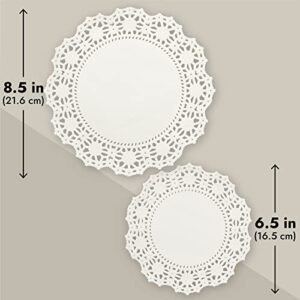 150-Pack Round Paper Placemats for Tableware Decoration, Party, Wedding, White Lace Paper Doilies, Bulk Disposable Charger Plates for Cakes, and Desserts (6.5, 8.5, and 10.5 Inch)