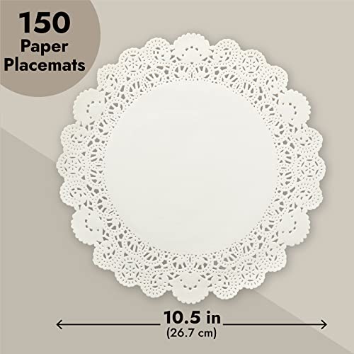 150-Pack Round Paper Placemats for Tableware Decoration, Party, Wedding, White Lace Paper Doilies, Bulk Disposable Charger Plates for Cakes, and Desserts (6.5, 8.5, and 10.5 Inch)