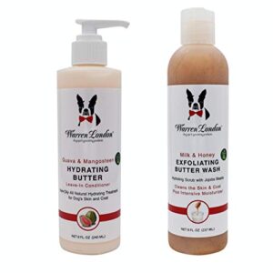 warren london 8oz butter combo - premium dog shampoo & conditioner - exfoliating wash with fragrant leave in conditioner - detangler and coat moisturizer - milk & honey w/guava & mango