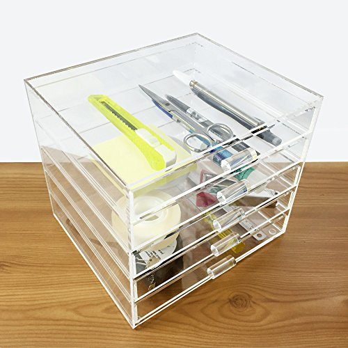 Ikee Design Premium Acrylic 5 Drawer Makeup Organizer Cosmetic Storage Jewelry Display Case for Home Storage and Store Display, 8.5" W x 7.25" D x 7.25" H